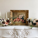 French Antique Peaches and Flowers Still Life Oil Painting