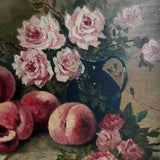 French Antique Peaches and Flowers Still Life Oil Painting
