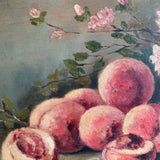 French Antique Peaches and Flowers Still Life Oil Painting