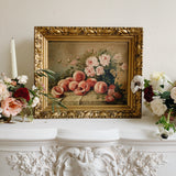 French Antique Peaches and Flowers Still Life Oil Painting