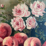 French Antique Peaches and Flowers Still Life Oil Painting