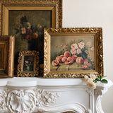 French Antique Peaches and Flowers Still Life Oil Painting