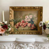French Antique Peaches and Flowers Still Life Oil Painting