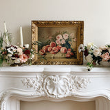 French Antique Peaches and Flowers Still Life Oil Painting
