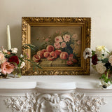 French Antique Peaches and Flowers Still Life Oil Painting