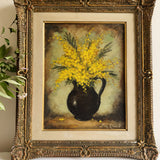 Antique Floral Still Life Oli Painting in Gilt Frame - Yellow Mimosas