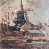 Antique Oil on Board - Moody Windmill Landcape