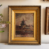 Antique Oil on Board - Moody Windmill Landcape
