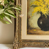 Antique Floral Still Life Oli Painting in Gilt Frame - Yellow Mimosas